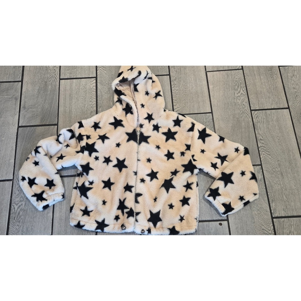 Free Haven Faux Fur Star Print Hooded Zip Up Jacket Cream Black Medium